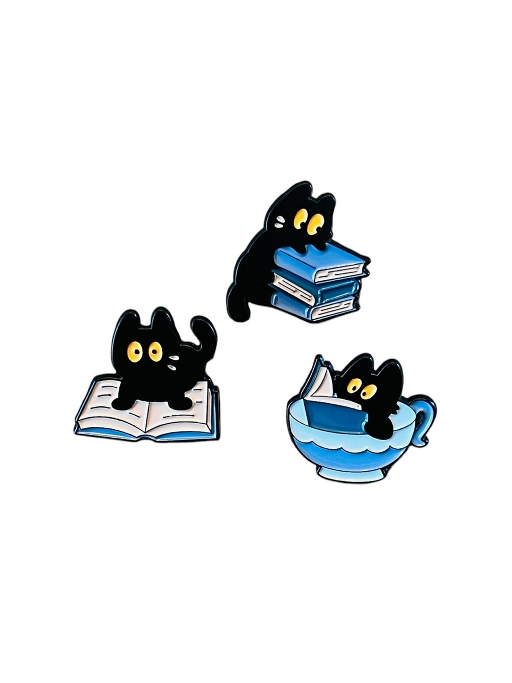 Cute Black Reading Cat Enamel Pin Set